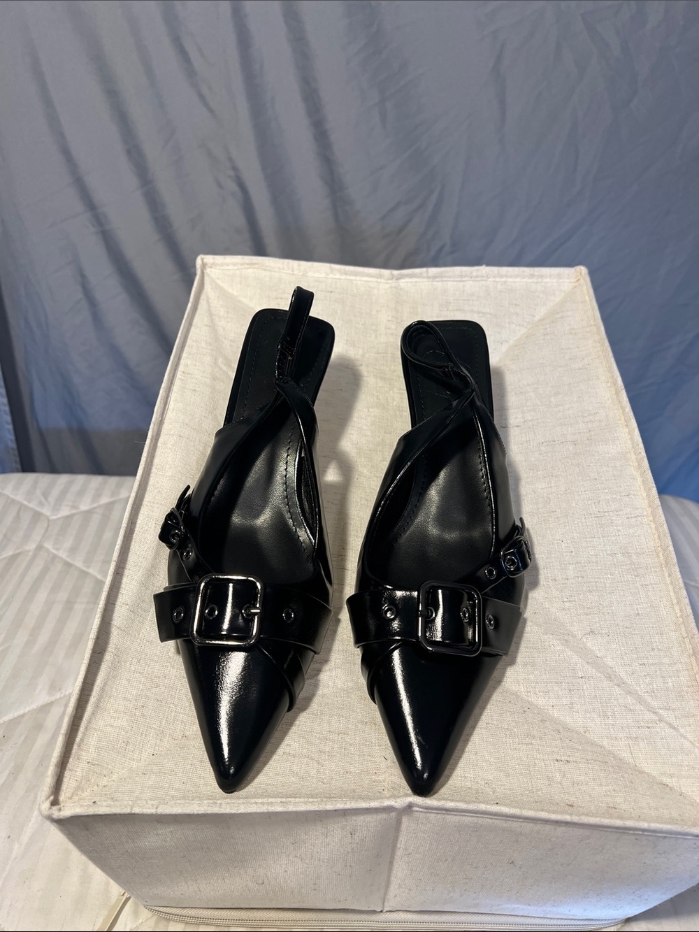 Black Pointed Slingback Mules with Buckle Detail